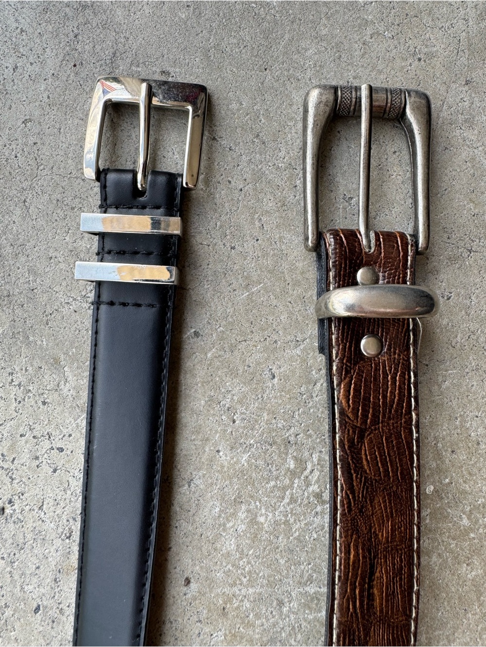 Black Leather Belt and Brown Textured Leather Belt with Silver Buckles 34-38”